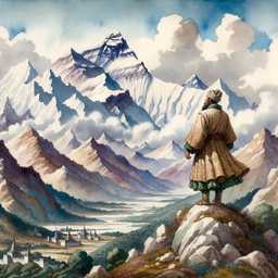 someone gazing at Mount Everest, painting from the 14th century generated by DALL·E 2